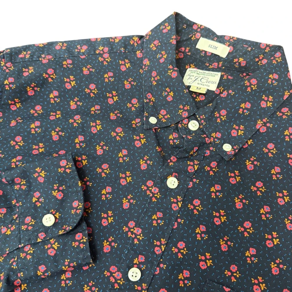 J. Crew Slim Secret Wash Shirt Mens Medium Navy Blue Red Floral Stretch AA420